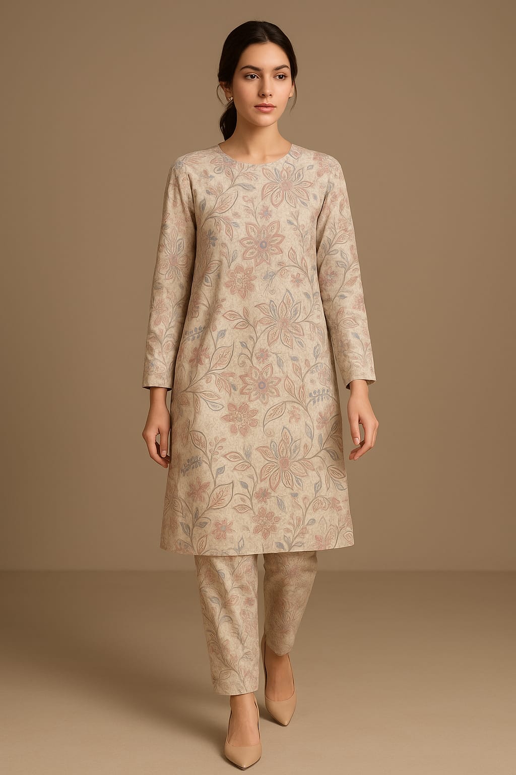 Elegant Beige Floral Unstitched 2-Piece