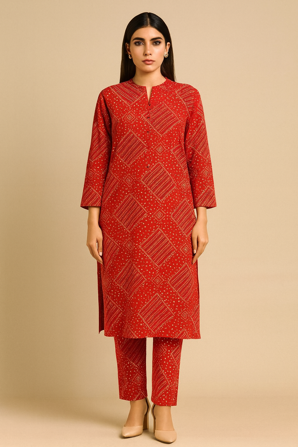 Radiant Red Bandhani-Inspired Unstitched 2-Piece