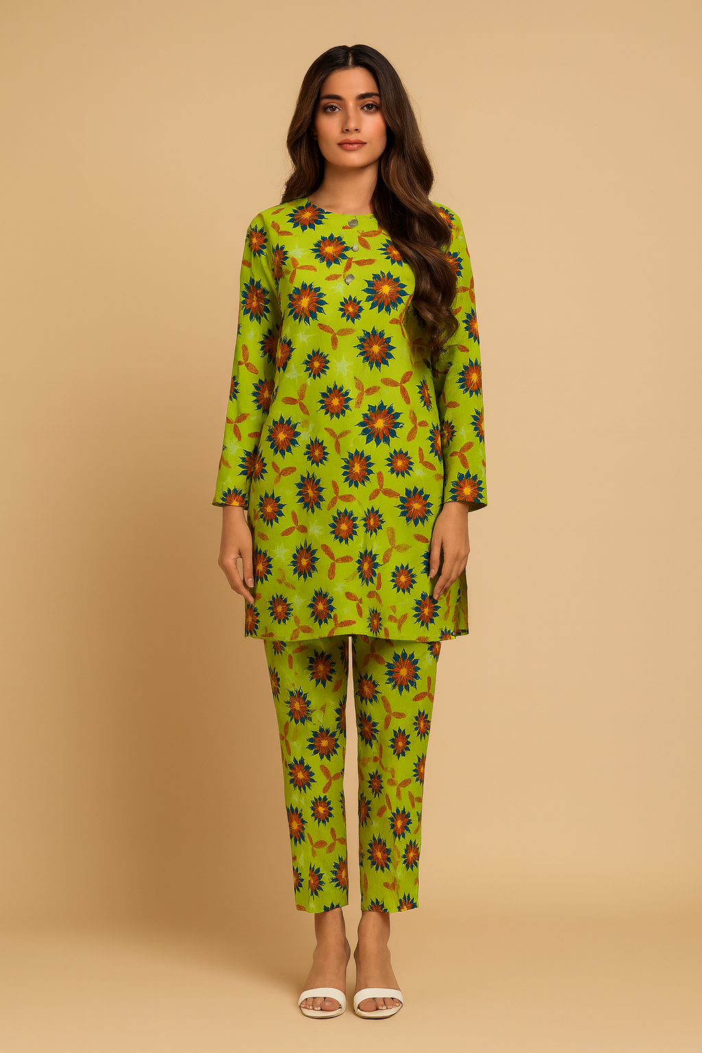 Unstitched 2-Piece Winter Suit – Lime Green Floral Print