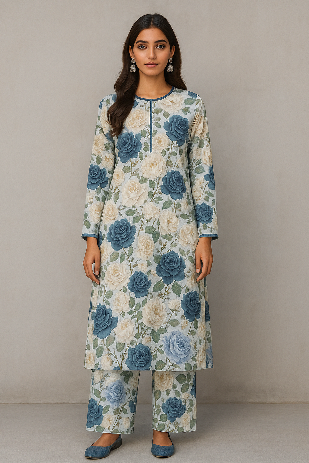 Unstitched 2-Piece Winter Suit – Blue & Cream Rose Floral Print