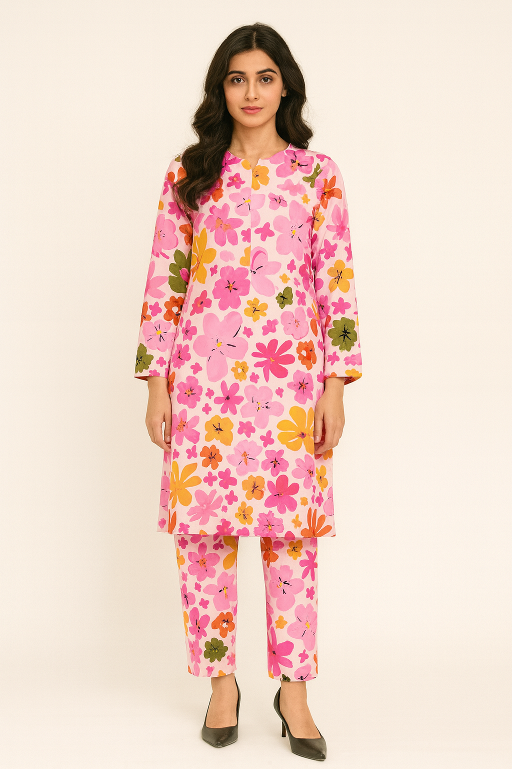 Unstitched 2-Piece Winter Suit – Pink with Multi-Color Floral Print