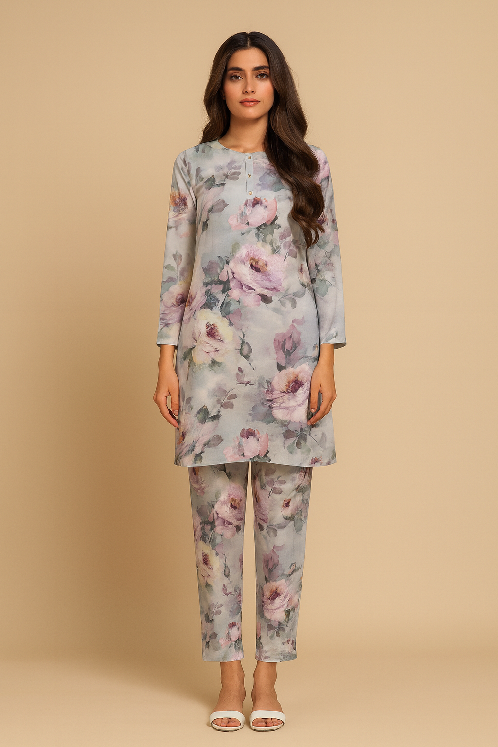 Unstitched 2-Piece Winter Suit – Soft Grey with Pastel Floral Print
