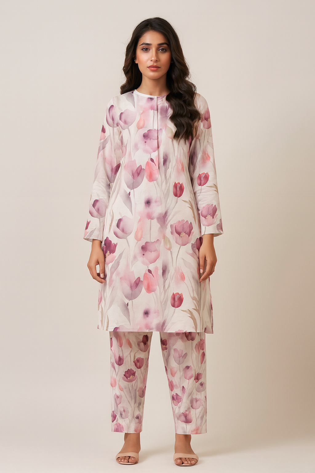 Unstitched 2-Piece Winter Suit – White with Pink & Purple Tulip Print