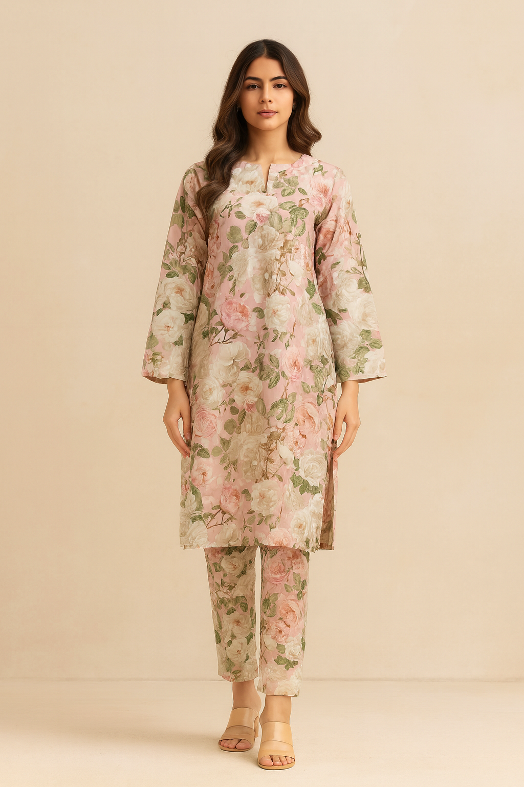 Unstitched 2-Piece Winter Suit – Blush Pink with Classic Floral Print