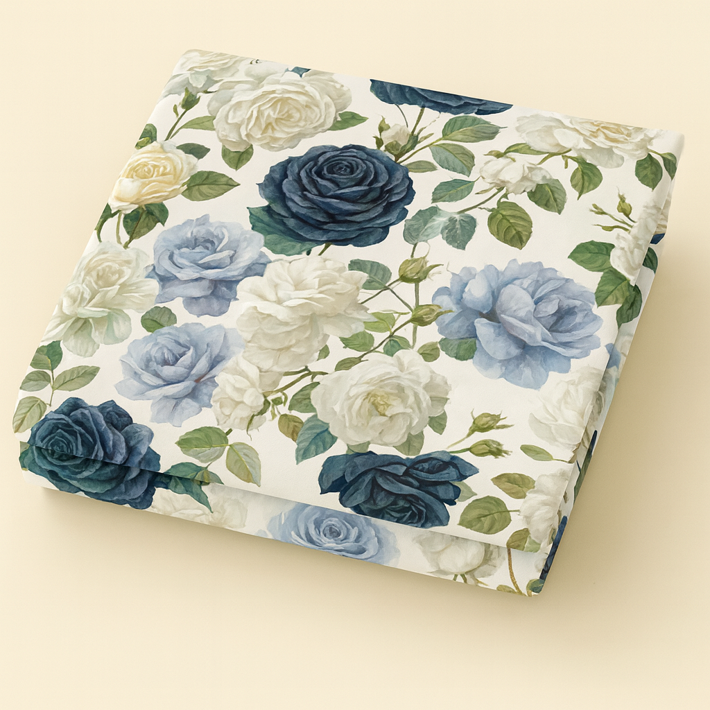 Unstitched 2-Piece Winter Suit – Blue & Cream Rose Floral Print