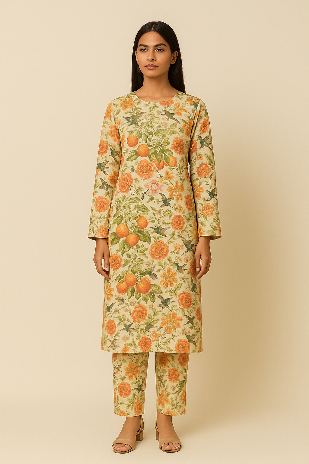 Unstitched 2-Piece Winter Suit – Beige with Orange Floral & Fruit Print