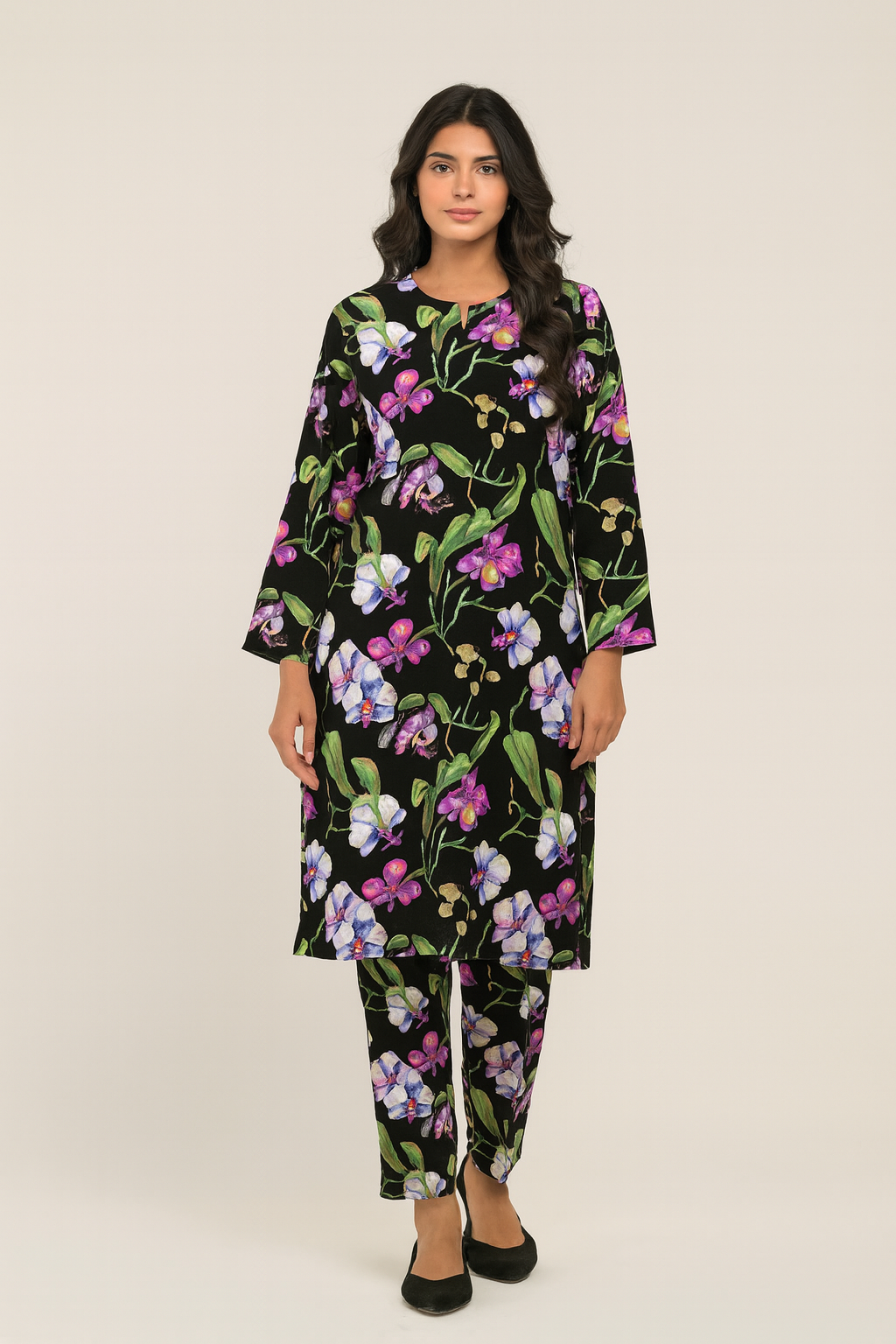 Unstitched 2-Piece Winter Suit – Black with Purple & White Floral Print