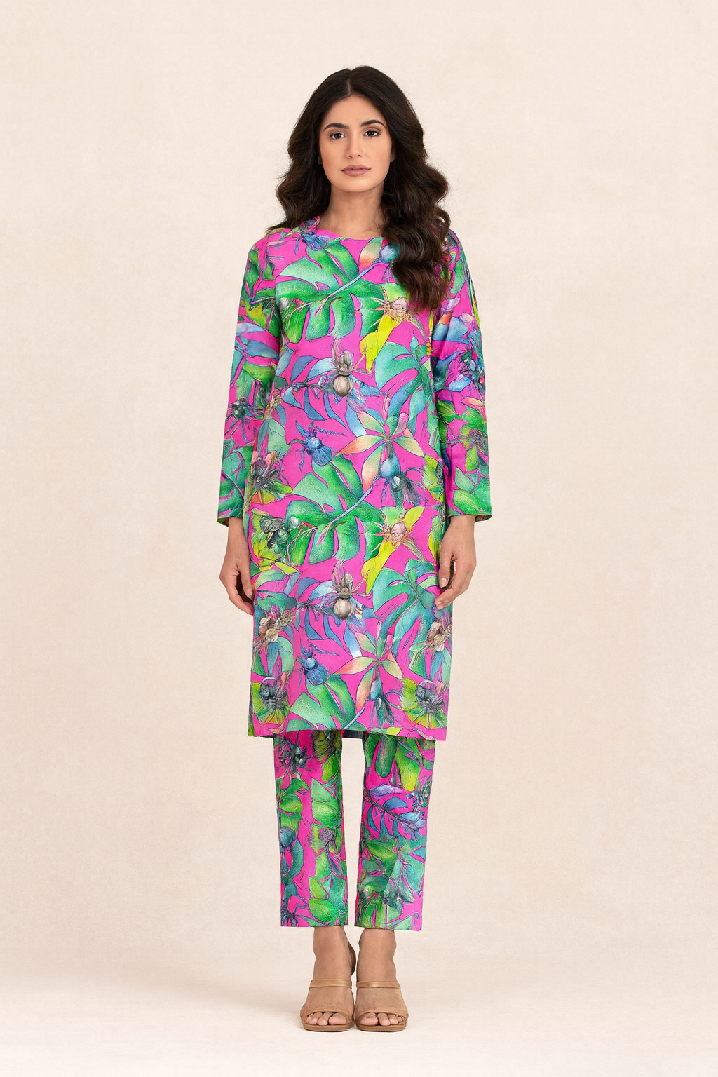 Unstitched 2-Piece Winter Suit – Vibrant Pink Tropical Leaf Print