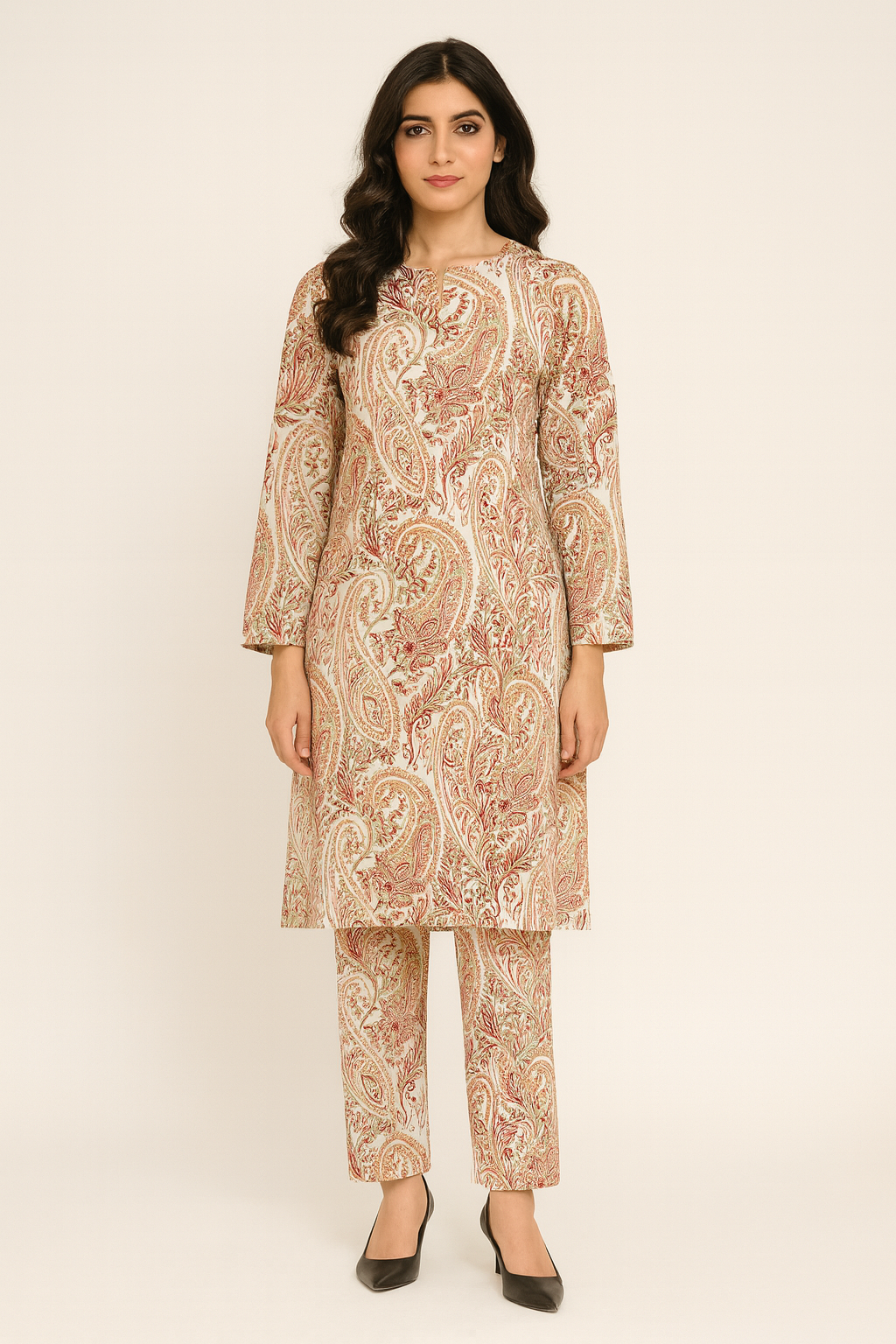 Unstitched 2-Piece Winter Suit – Beige with Classic Paisley Print